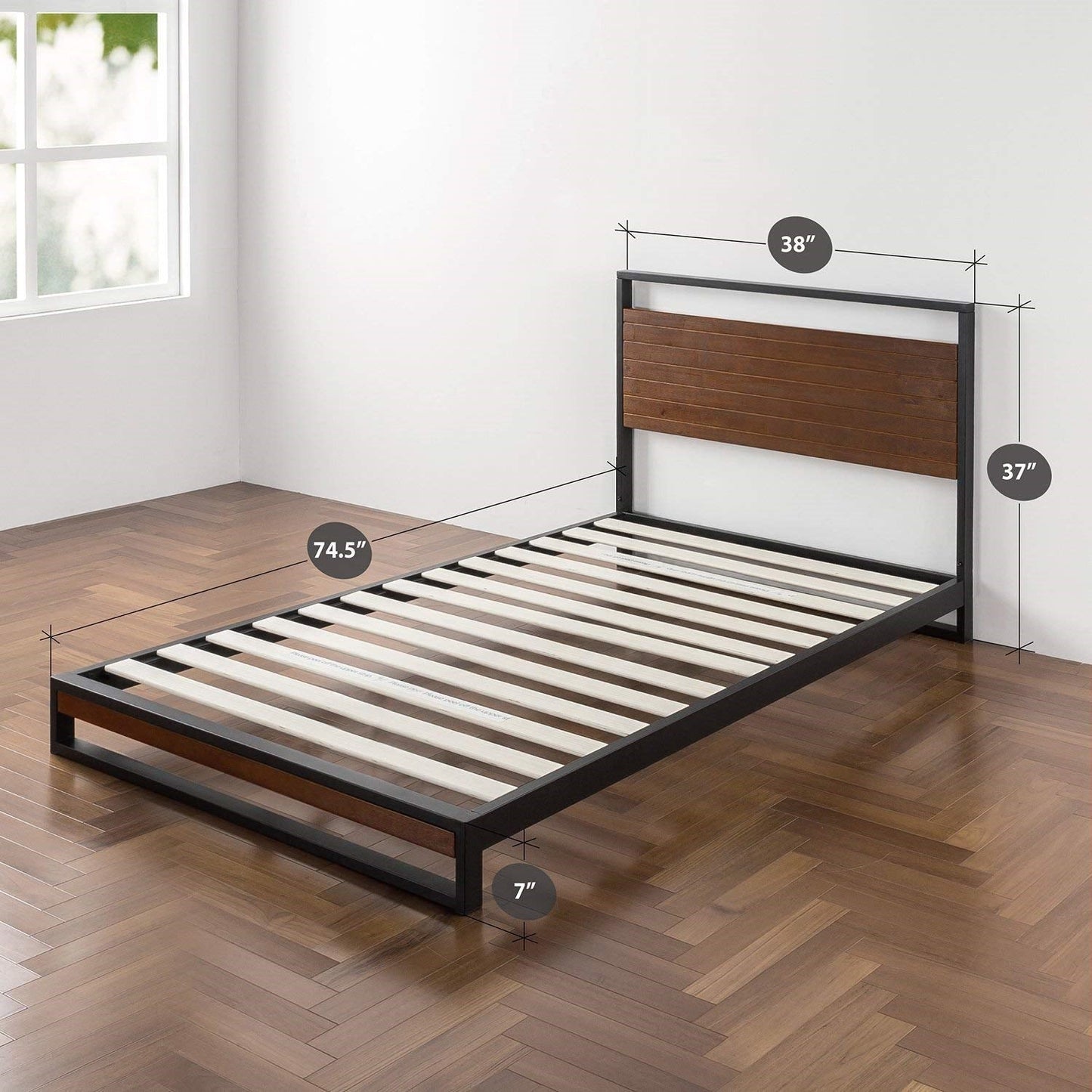 Estructura de cama plataforma individual de metal y madera con cabecero