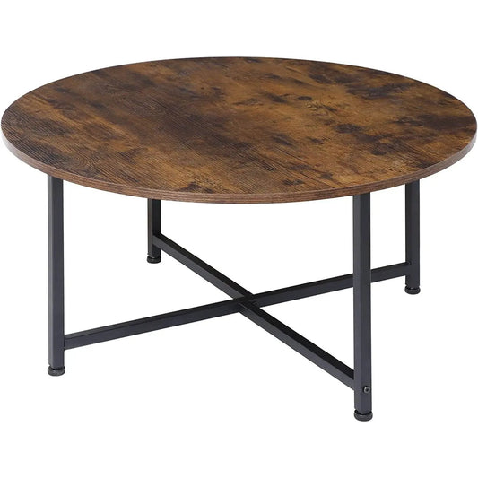 Round industrial coffee table with wood top and black metal legs on Tampa Home & Garden Store
