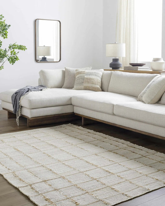 Kamey Becki Owens and Livabliss Boky Area Rug tan-woven with grid pattern for modern living room on Tampa Home & Garden Store
