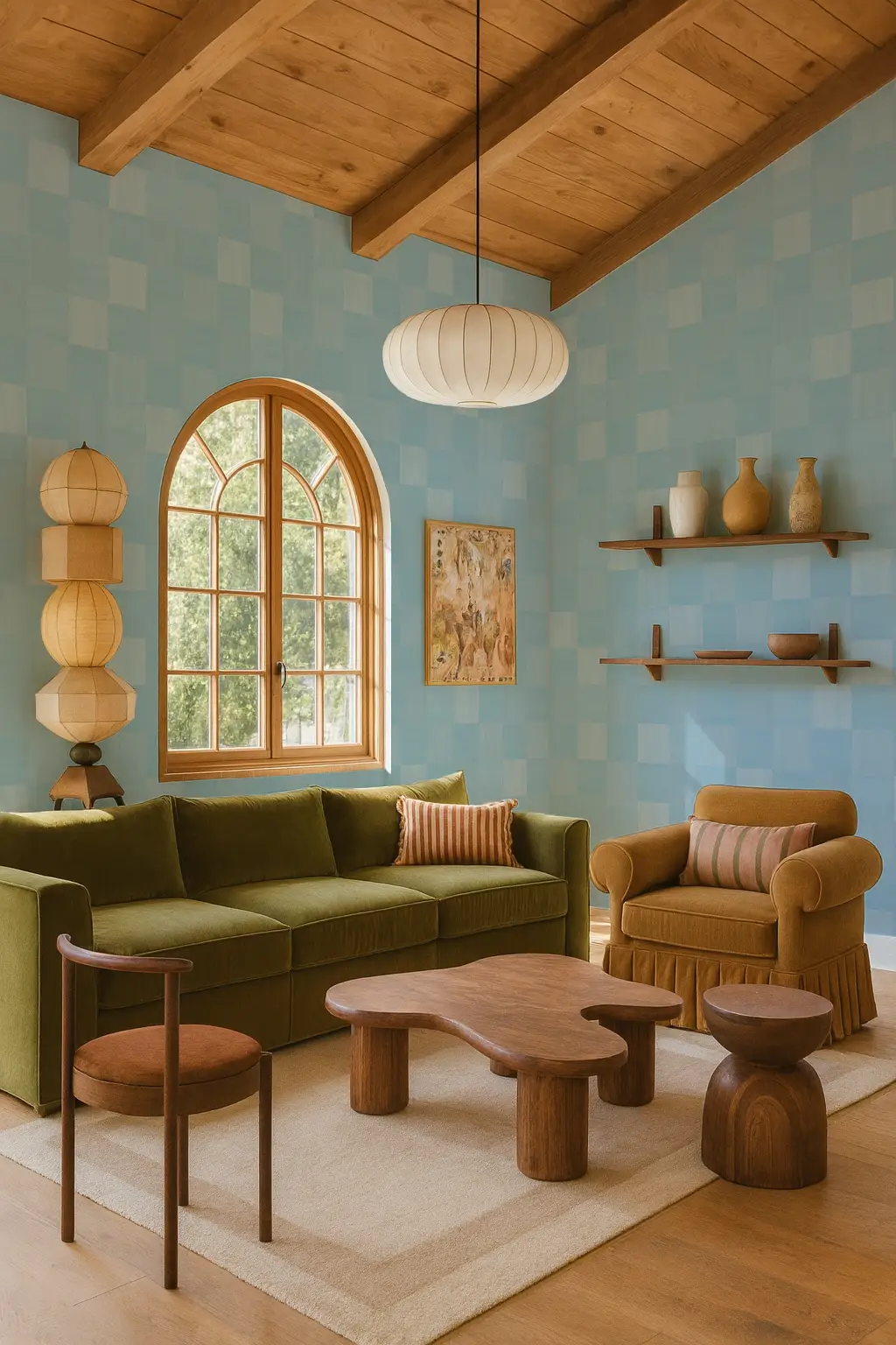 Zellige Wallpaper Light Blue by Samantha Santana Creative, blue tile pattern in living room on Tampa Home & Garden Store