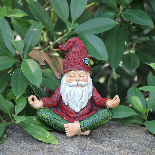 Solar light Zen garden gnome statue meditating red hat white beard green pants on Tampa Home & Garden Store