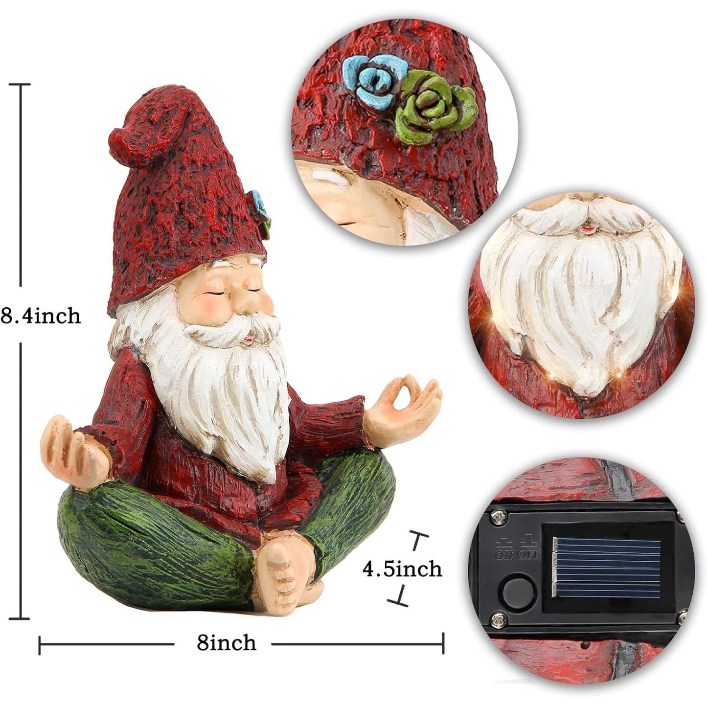 Zen Garden Meditating Yoga Solar Gnome Statue solar light with red hat and green pants on Tampa Home & Garden Store