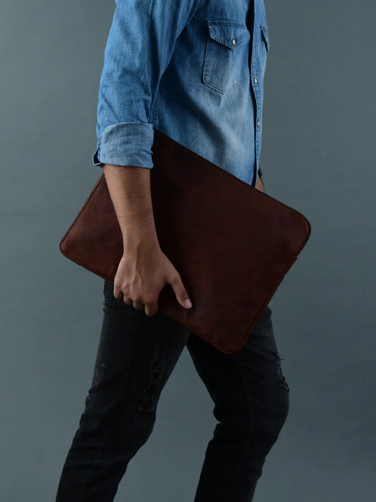 Zento Leather Laptop Sleeve Dark Brown slim laptop bag carried under arm on Tampa Home & Garden Store