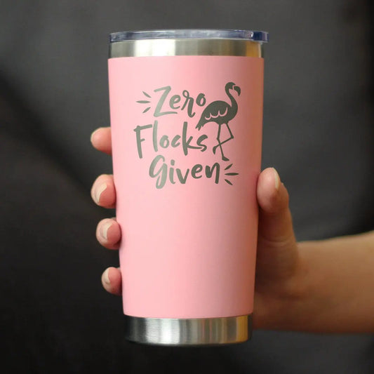bevvee 20 oz pink coffee tumbler with silver lid and flamingo Zero Flocks Given design on Tampa Home & Garden Store