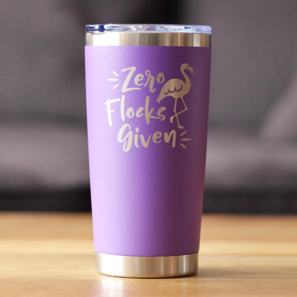 Zero Flocks Given 20 oz bevvee tumbler in purple with gold flamingo logo and clear lid on Tampa Home & Garden Store