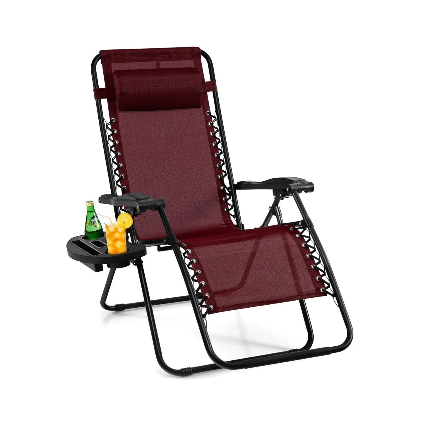Outdoor zero gravity reclining chair burgundy fabric with black frame and cupholder DirectDeals on Tampa Home & Garden Store