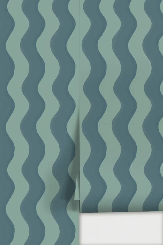 Ziggy Stripe wallpaper blue and light teal with bold wavy stripe pattern on Tampa Home & Garden Store
