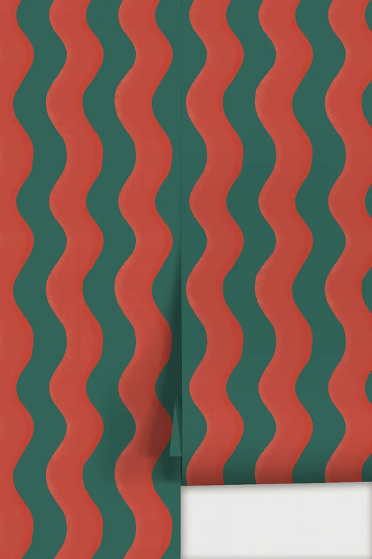 Ziggy Stripe Wallpaper in dark teal and brick red wavy stripes, Samantha Santana Creative on Tampa Home & Garden Store