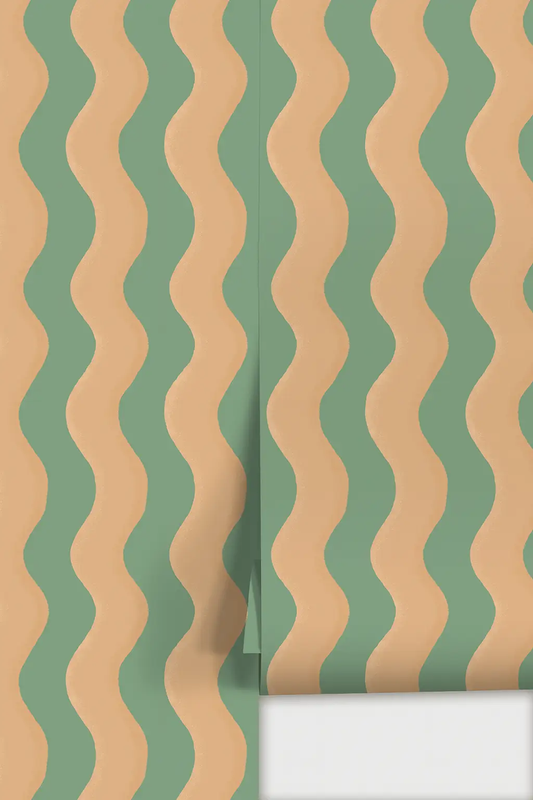 Wallpaper Ziggy Stripe teal and apricot with wavy stripes by Samantha Santana Creative on Tampa Home & Garden Store