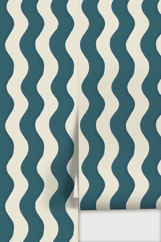 Ziggy Stripe Wallpaper white and blue with a bold wavy pattern by Samantha Santana Creative on Tampa Home & Garden Store