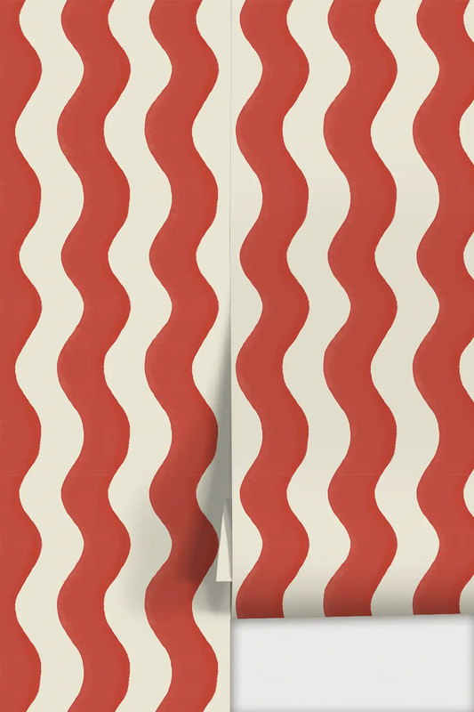 Ziggy Stripe Wallpaper white and brick red with bold wavy vertical stripes, two-panel layout on Tampa Home & Garden Store