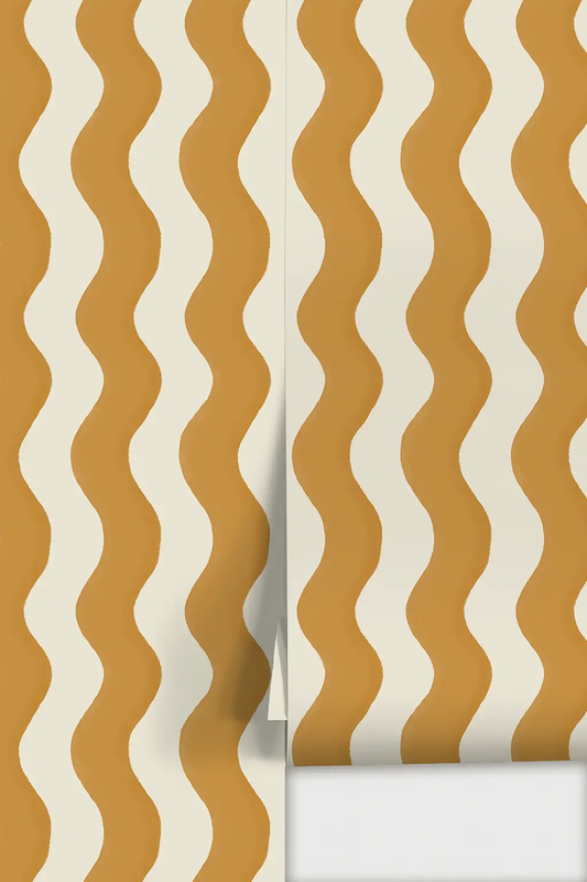 Ziggy Stripe Wallpaper white and desert yellow wavy motif Samantha Santana Creative on Tampa Home & Garden Store