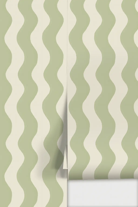 Ziggy Stripe Wallpaper white and dusty lime with wavy vertical stripes by Samantha Santana on Tampa Home & Garden Store