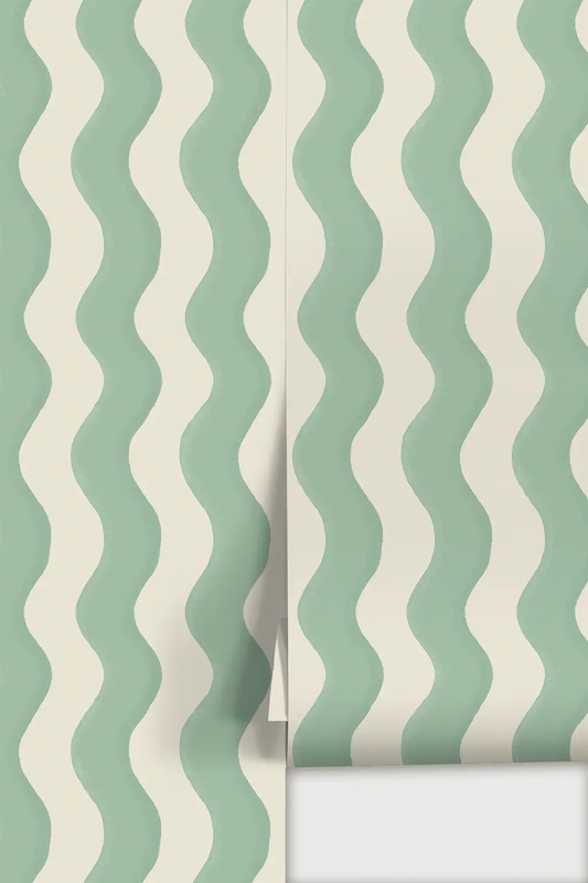 Ziggy Stripe Wallpaper mint and cream wavy stripes by Samantha Santana Creative on Tampa Home & Garden Store