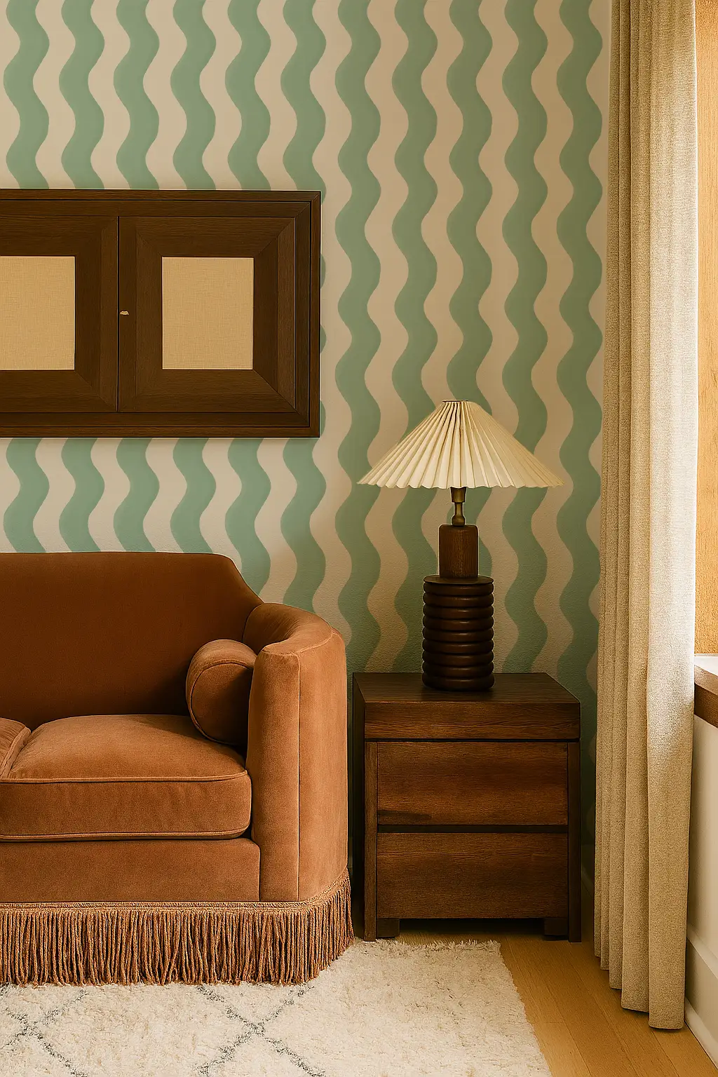 Ziggy Stripe Wallpaper mint and white wave pattern on wall behind a brown sofa and lamp on Tampa Home & Garden Store