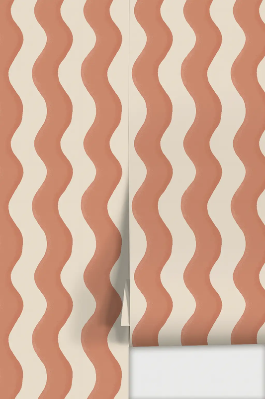 Ziggy Stripe Wallpaper terra cotta and cream with bold wavy vertical stripes, two-panel display on Tampa Home & Garden Store