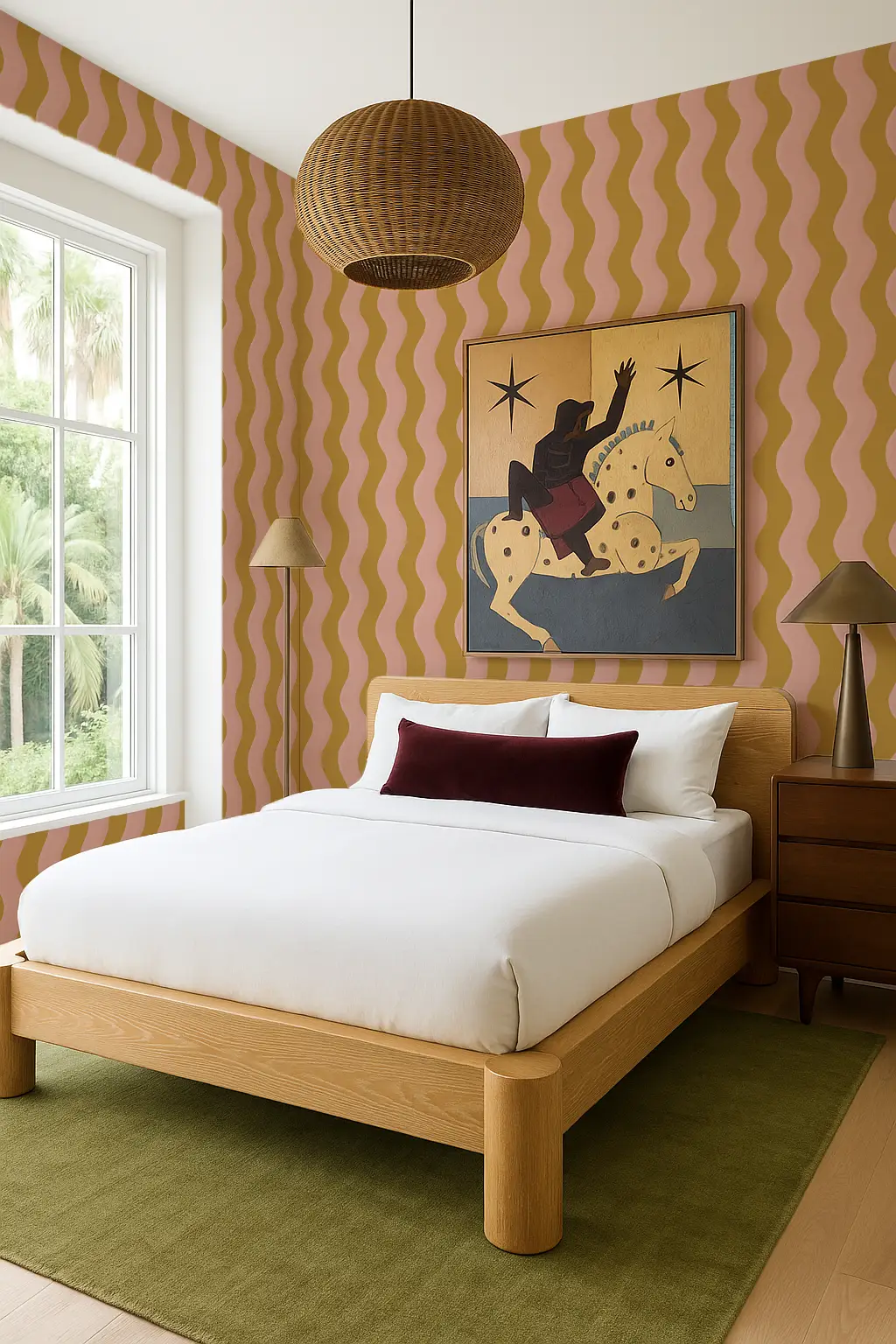 Wallpaper Ziggy Stripe yellow and pink wavy pattern by Samantha Santana Creative on Tampa Home & Garden Store