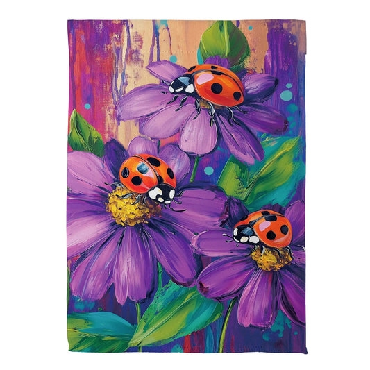 Zinnia and Ladybugs Suede Garden Flag by Evergreen Enterprises; purple flowers, orange ladybugs on Tampa Home & Garden Store