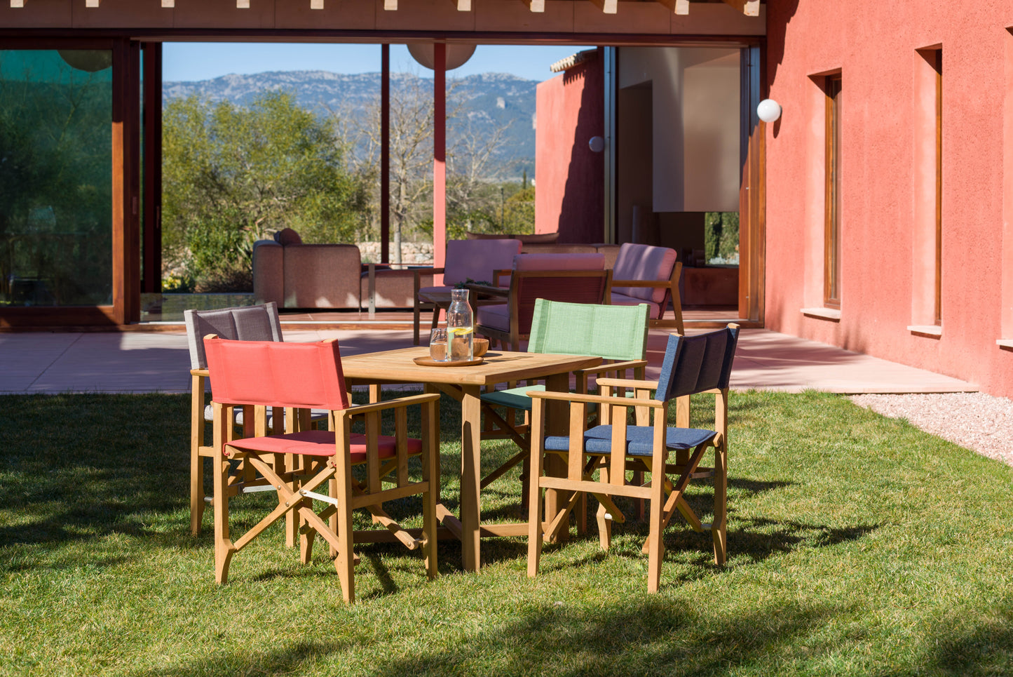Zircon Teak Director Chair red fabric seat teak frame LifestyleGarden US 1 pc on Tampa Home & Garden Store