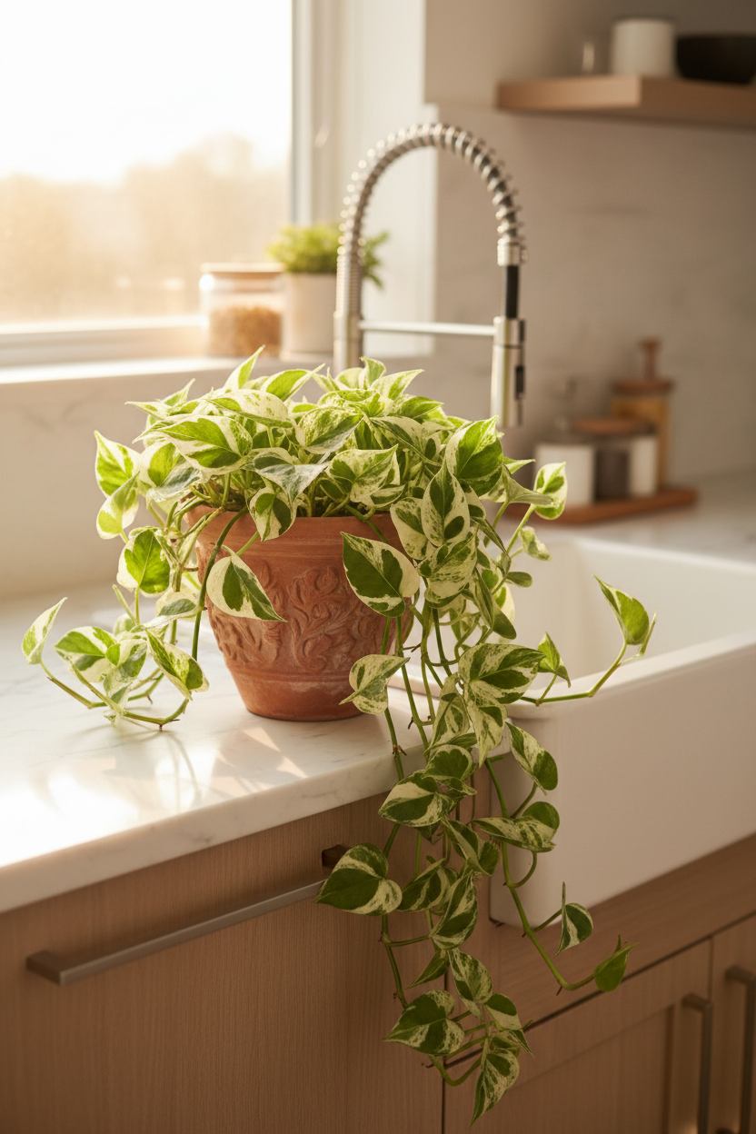 Pothos N'Joy in a 6in nursery pot with variegated green and cream leaves, trailing from kitchen counter on Tampa Home & Garden Store