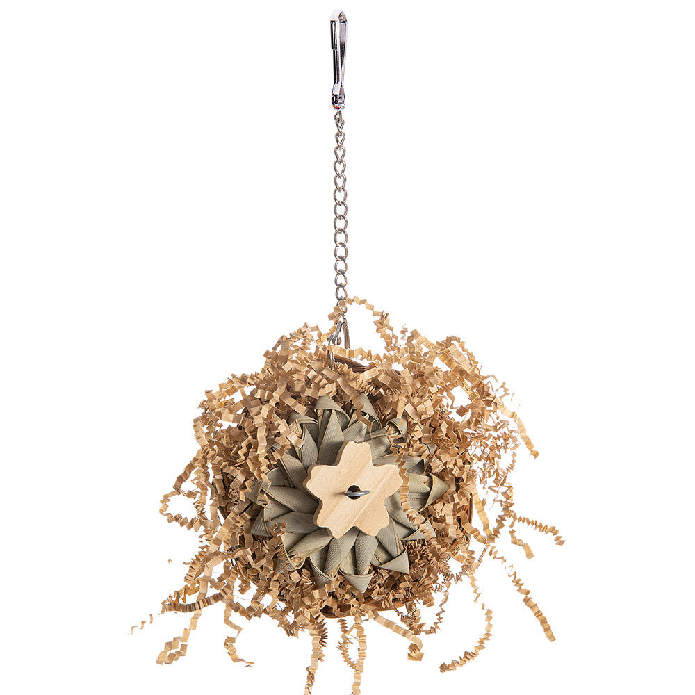 Parrot gnawing molar bird toy with wood centerpiece and tan shredded paper, hanging chain on Tampa Home & Garden Store
