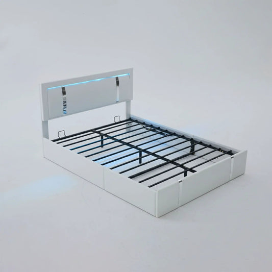 Upholstered platform storage bed frame with LED headboard, white finish, metal slats on Tampa Home & Garden Store