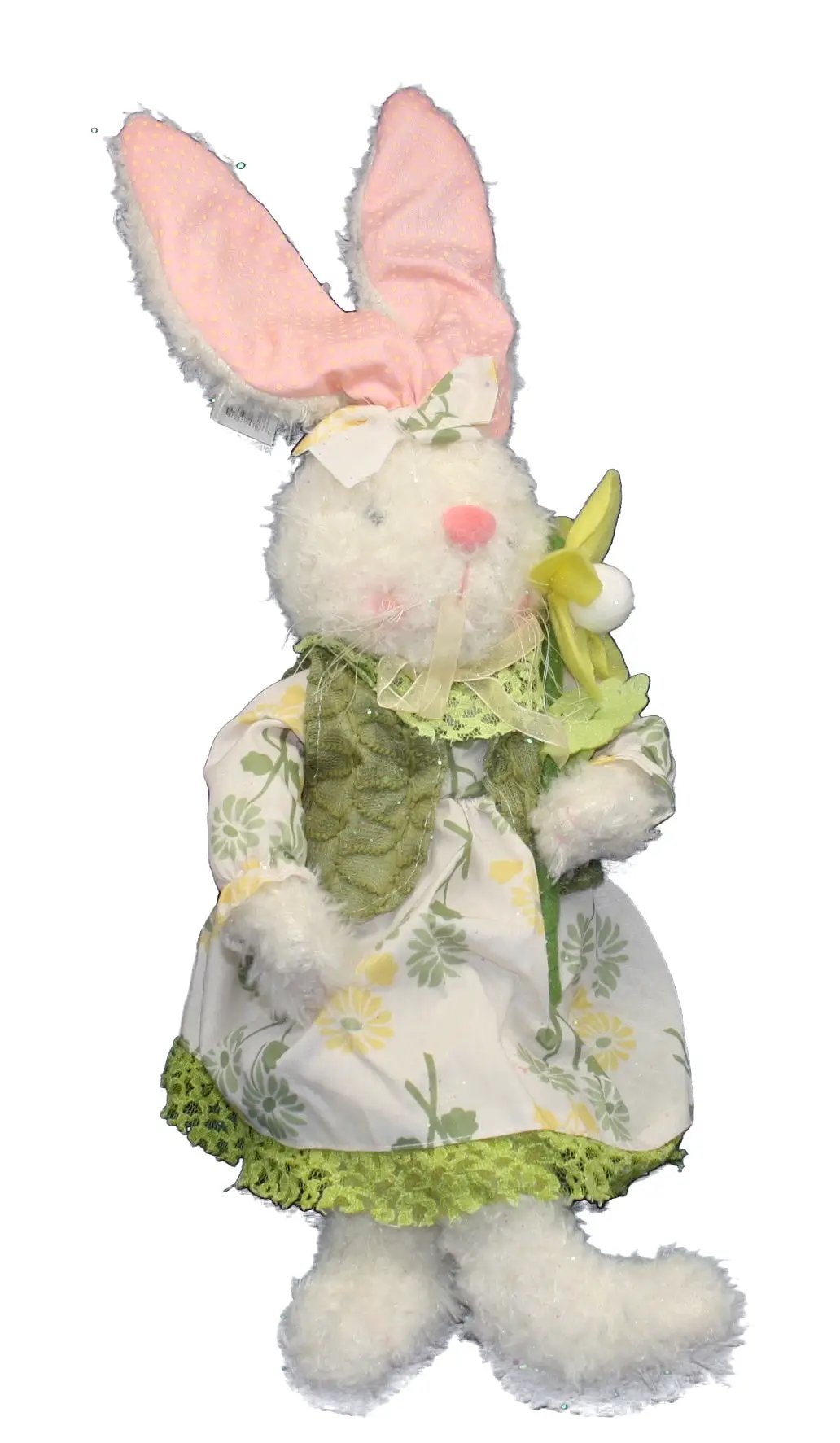 Floral-dress sitting bunny figure with pink ears and green trim by The Country Christmas Loft on Tampa Home & Garden Store