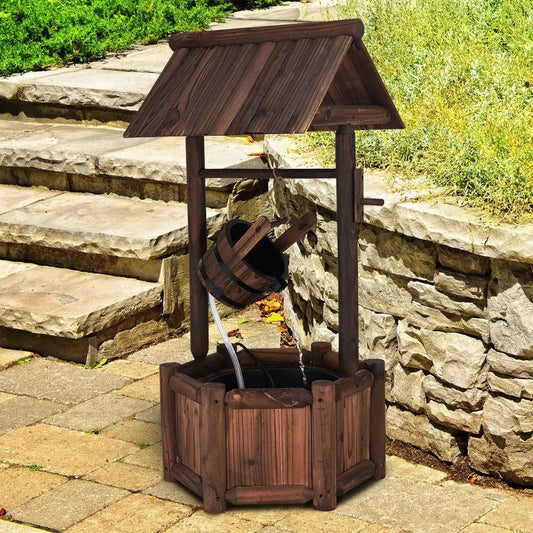 Garden Rustic Wishing Well Water Fountain Pump with dark brown wooden well and bucket on Tampa Home & Garden Store