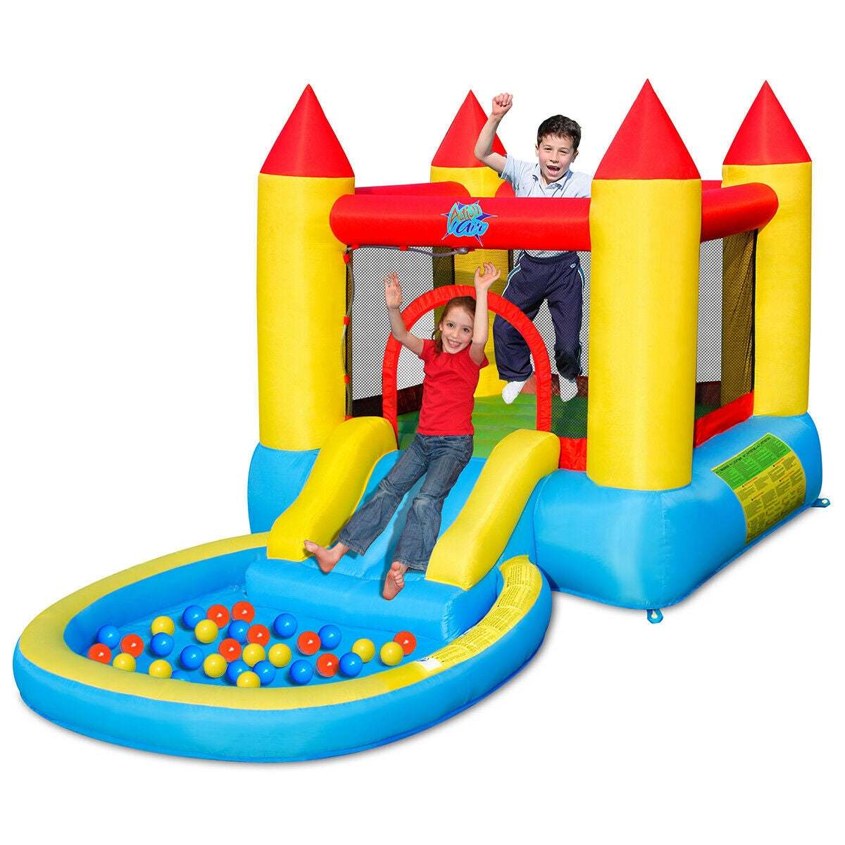 Inflatable kids slide bounce house with 580W blower; yellow towers, two kids, blue base on Tampa Home & Garden Store
