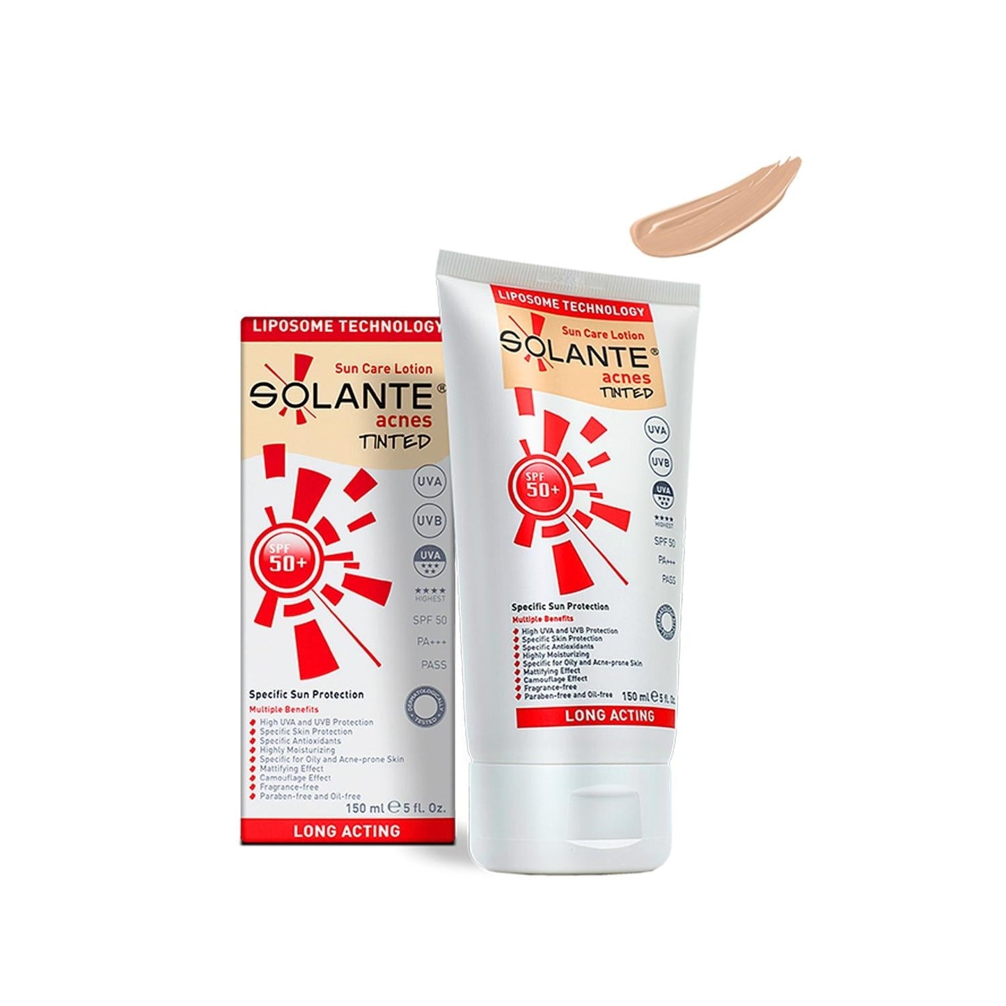 Solante tinted sunscreen SPF50+ for acne-prone skin in white tube beside box, red logo, 150 on Tampa Home & Garden Store
