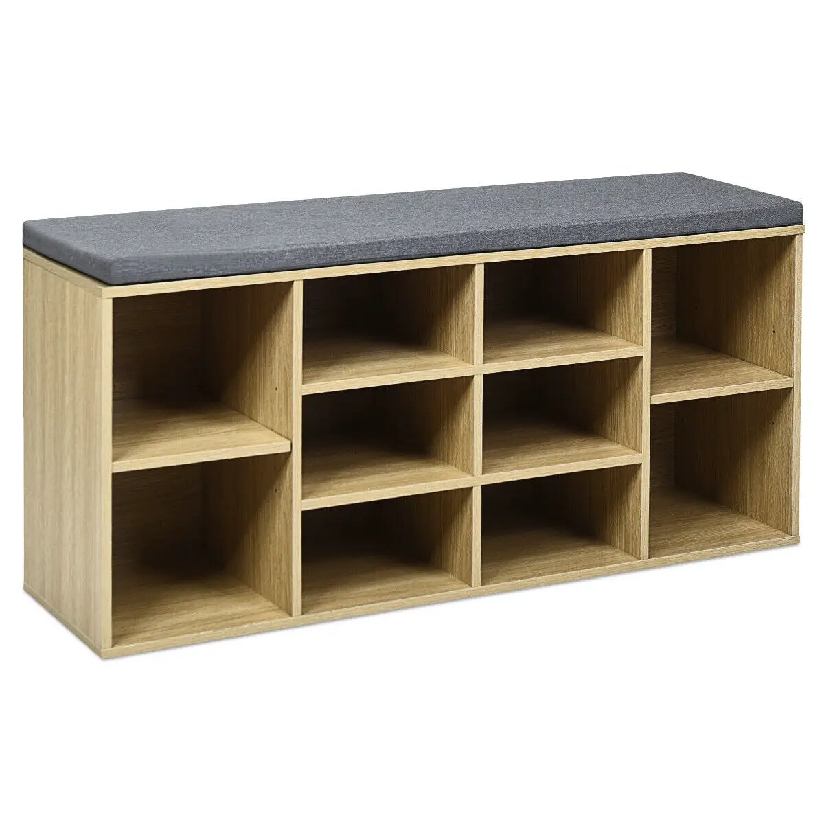 10-Cube Organizer Shoe Storage Bench with Gray Cushioned Top in Natural Wood Finish on Tampa Home & Garden Store