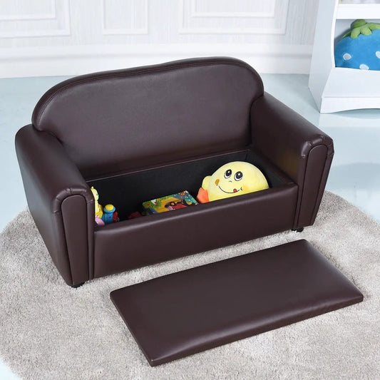 Kids Sofa Armrest Chair with Storage in brown faux leather with under-seat storage on Tampa Home & Garden Store