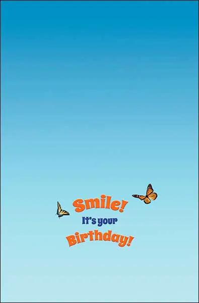 Notion Smile Birthday Card with Color Interior featuring orange text and blue butterflies on Tampa Home & Garden Store