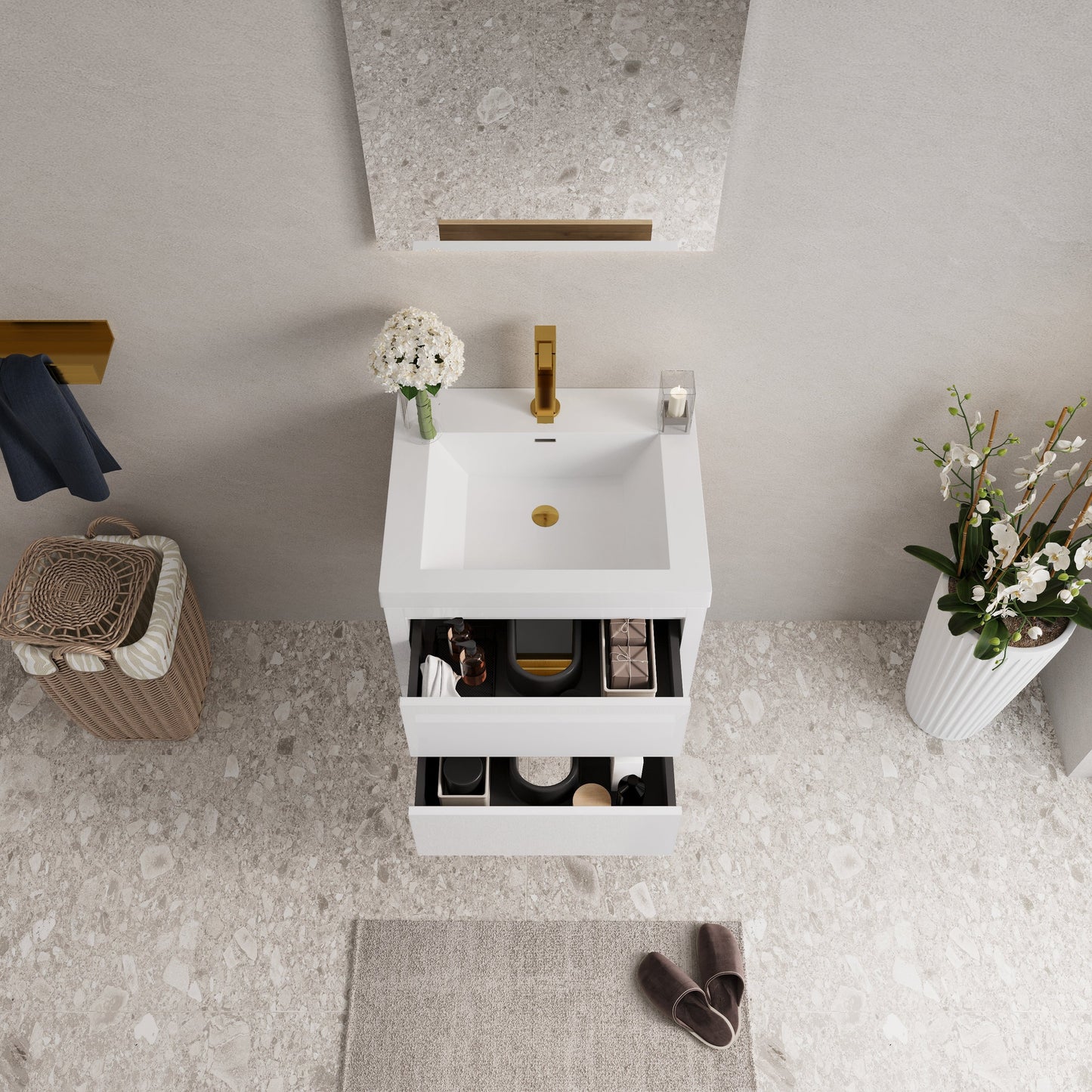 24-inch wall-mounted bathroom vanity with sink and storage cabinet in white with gold faucet fixtures on Tampa Home & Garden Store