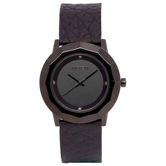 Nixon Bobbi Leather Watch with faceted dark bezel and black leather strap on Tampa Home & Garden Store