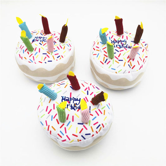 Cute Dog Birthday Cake Plush Toy 3-pack with white frosting and candles on Tampa Home & Garden Store