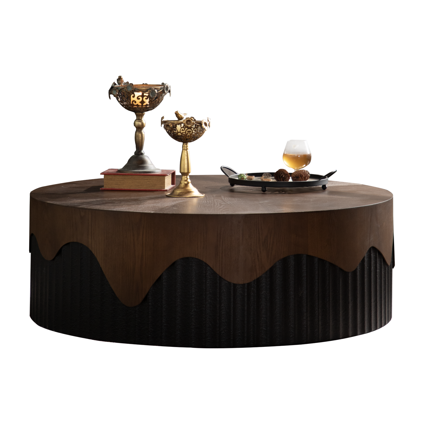 HouseOfZazla handcrafted round dark wood coffee table with brass candle holders on top on Tampa Home & Garden Store