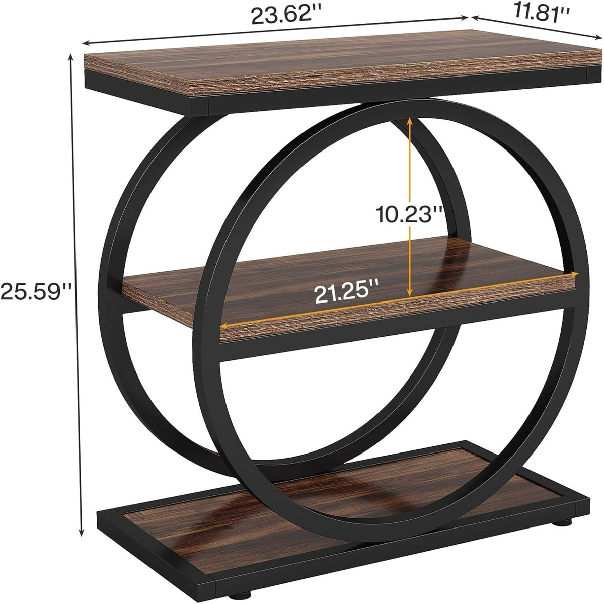 Slim End Tables with 3 Shelves, brown wood top, black metal frame, set of 2 on Tampa Home & Garden Store