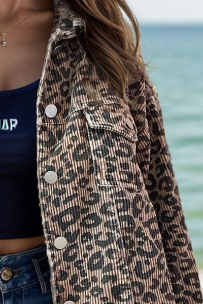 Leopard print lightweight button-down jacket by Stevvex, long sleeve with silver snaps on Tampa Home & Garden Store