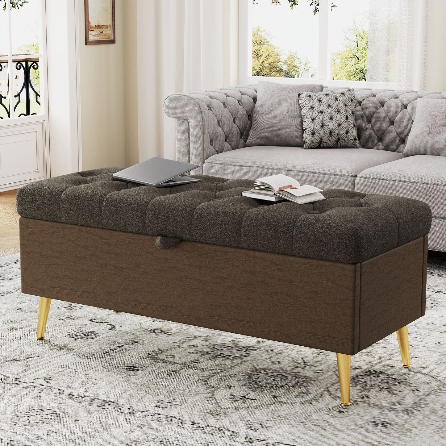 Modern tufted storage ottoman bench in gray upholstery with tapered legs on Tampa Home & Garden Store