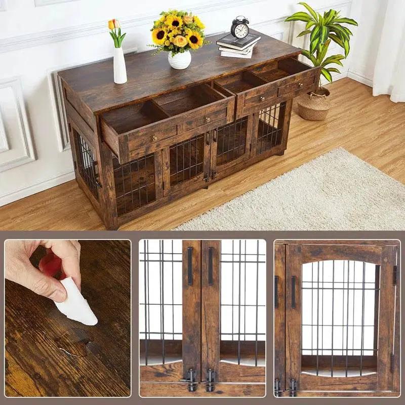 Dog Crate Furniture Openable Partition for Two, rustic wood cabinet with dual wire crates on Tampa Home & Garden Store