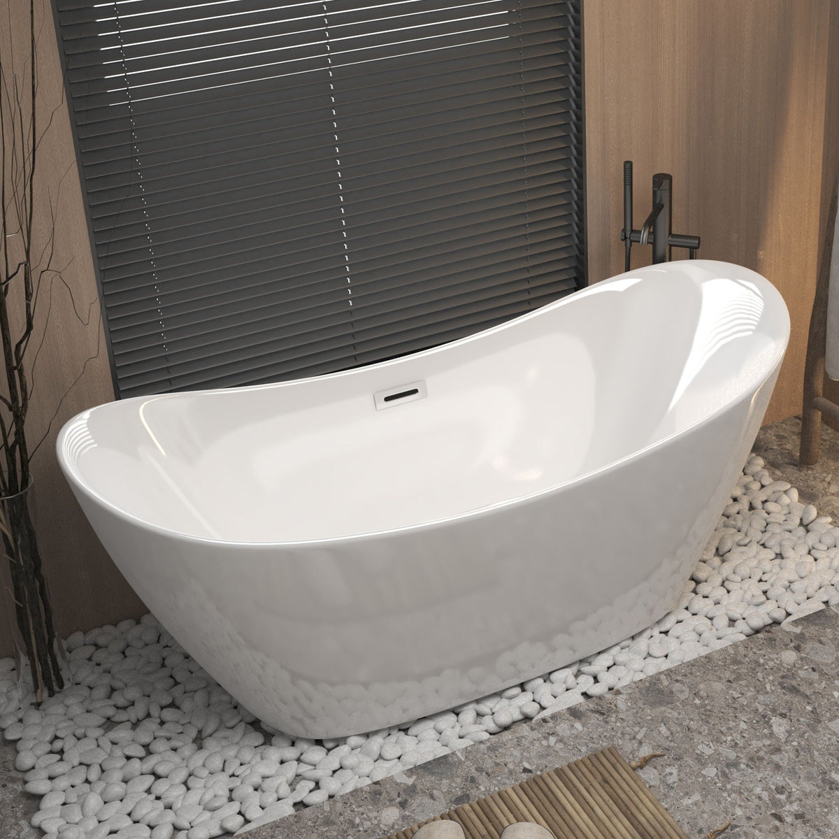 Freestanding white tub with overflow and ergonomic design by HouseOfZazla in wood bath on Tampa Home & Garden Store