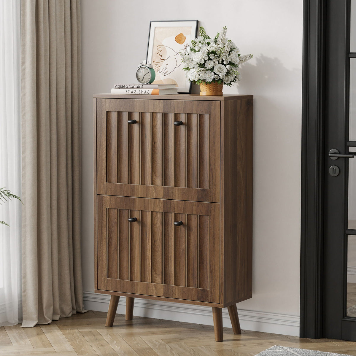 Walnut shoe cabinet with upright storage in mid-century modern style by HouseOfZazla on Tampa Home & Garden Store