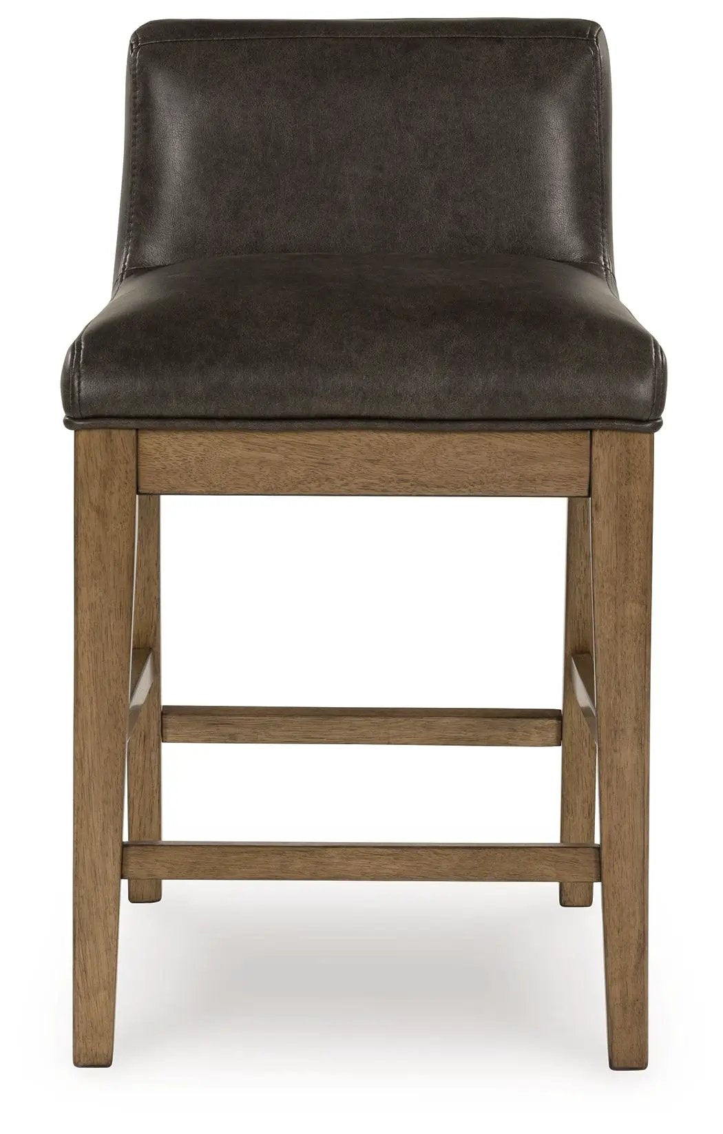 Cabalynn Upholstered Barstools Set of 2, two-tone brown leather with wood legs on Tampa Home & Garden Store