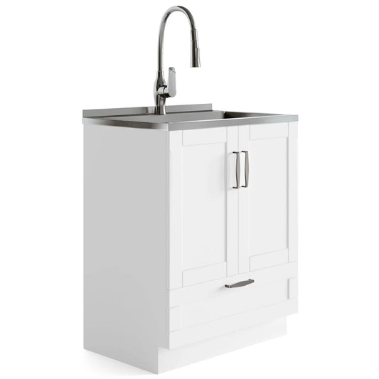 Reed Deluxe Laundry Cabinet with pull-out faucet and stainless steel sink, white cabinet with chrome hardware on Tampa Home & Garden Store