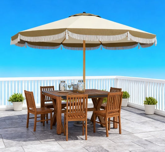Vented Patio Table Umbrella beige canopy with fringe over wooden dining set HouseOfZazla on Tampa Home & Garden Store
