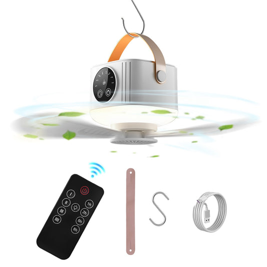 Rechargeable tent ceiling fan by GemGear with LED light, silver body and tan strap on Tampa Home & Garden Store