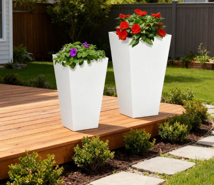Flower pots 2-pack white pots with red and purple blooms on deck HouseOfZazla on Tampa Home & Garden Store