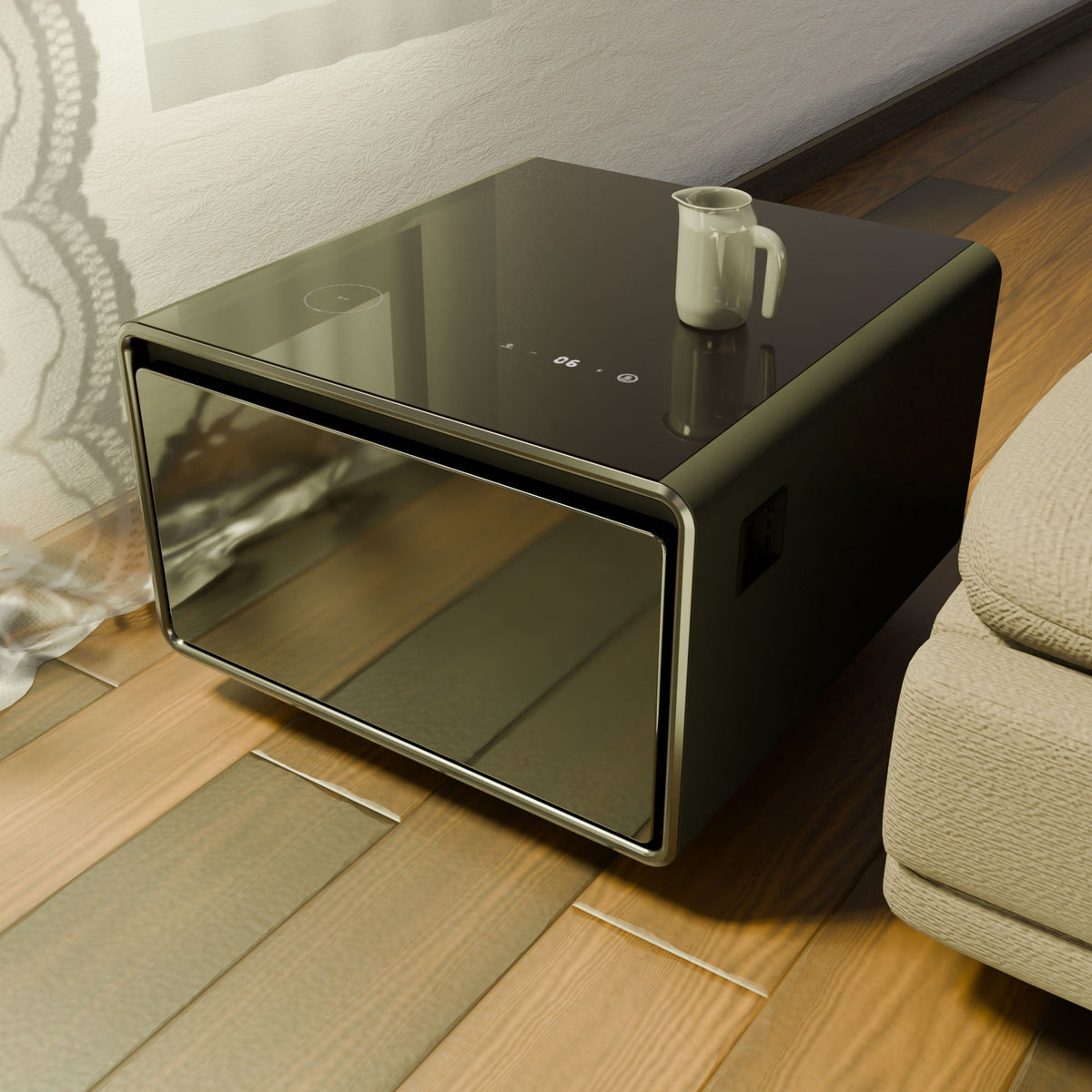 Smart coffee table with built-in fridge and wireless charging, black glass top on Tampa Home & Garden Store