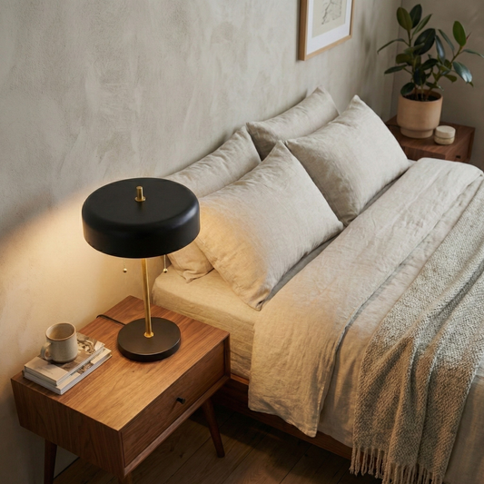 Obni Nordic Home Desk Bedside Lamp with black shade and brass stem on wood nightstand on Tampa Home & Garden Store